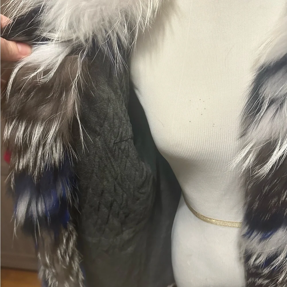 Grey & Multicolor Yves Salomon raccoon /Fox Fur Jacket Size EU 40 /US 10